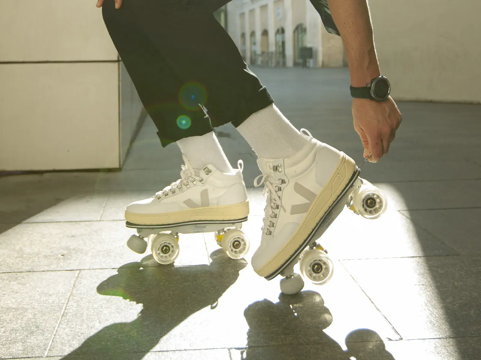 white veja transformed to roller skates by flaneurz