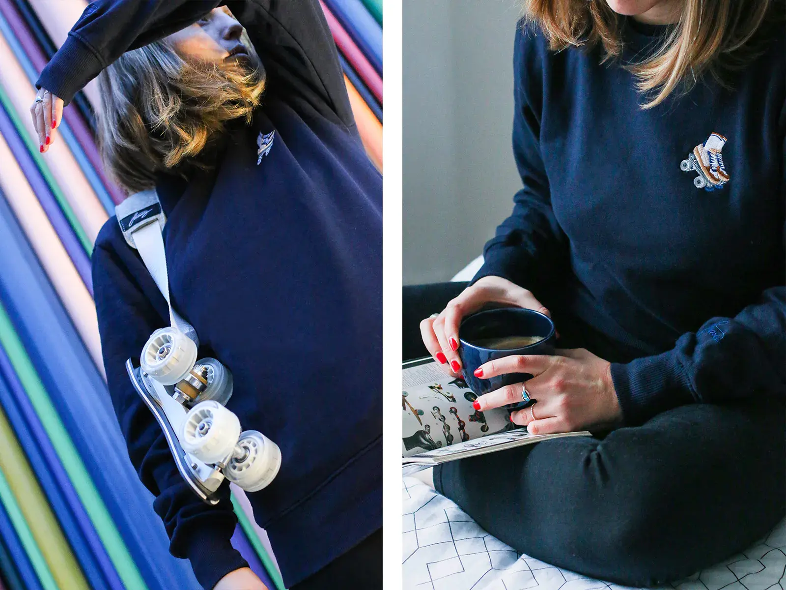 a woman wearing navy sweatshirt with the logo of flaneurz