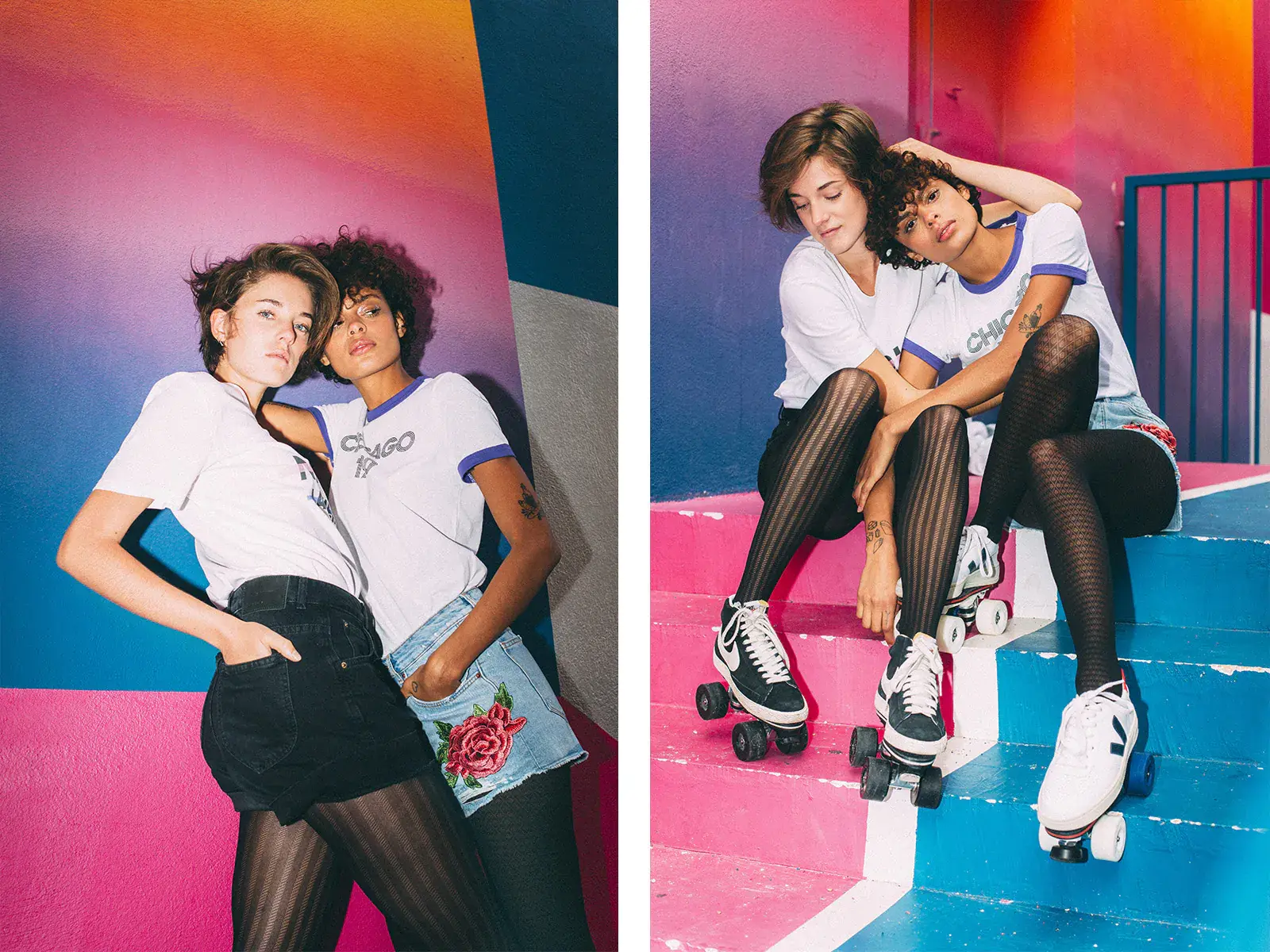 collage of two women wearing their roller skates veja and nike 