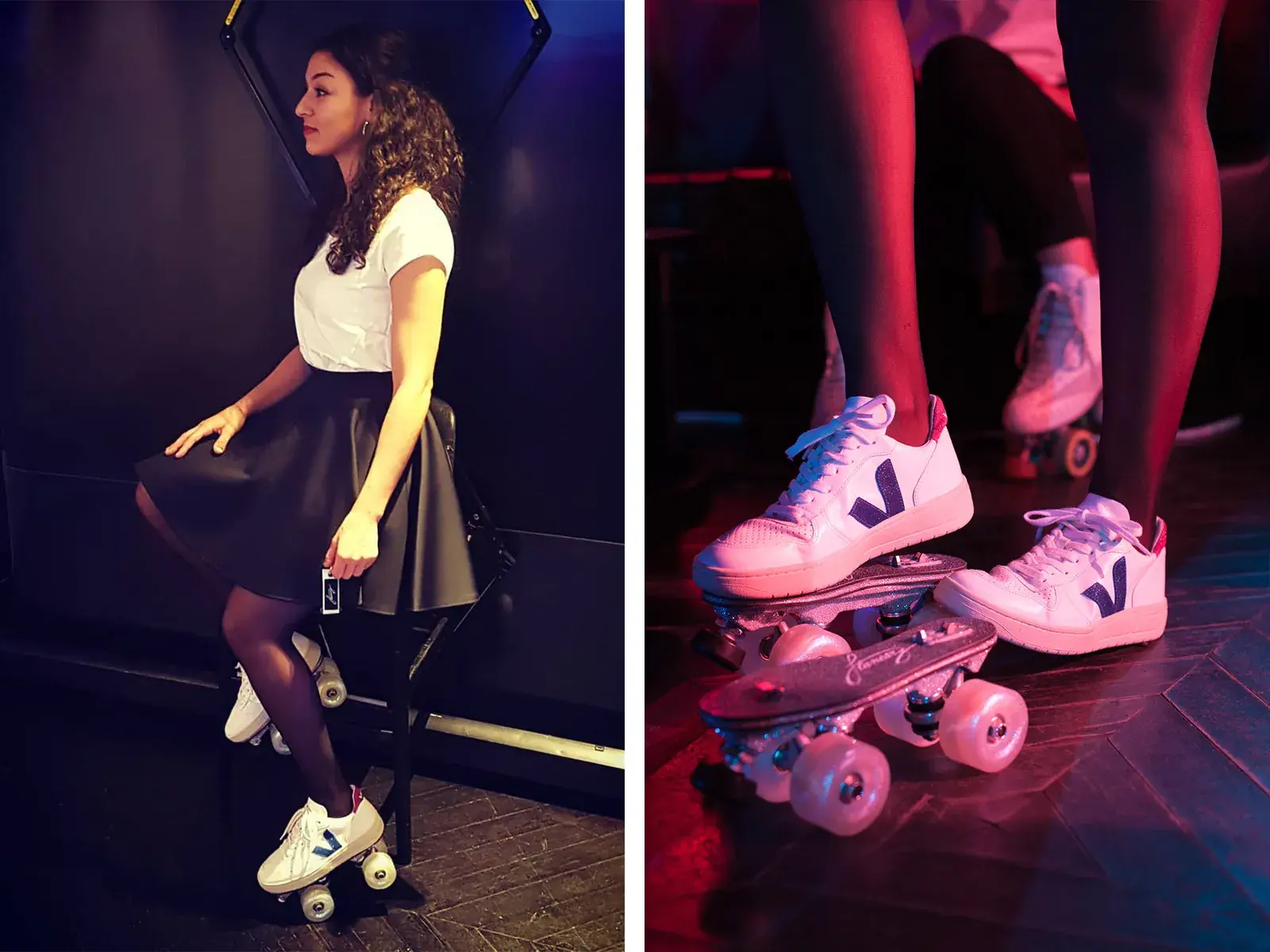 collage of Najete Kada wearing her veja transformed by flaneurz