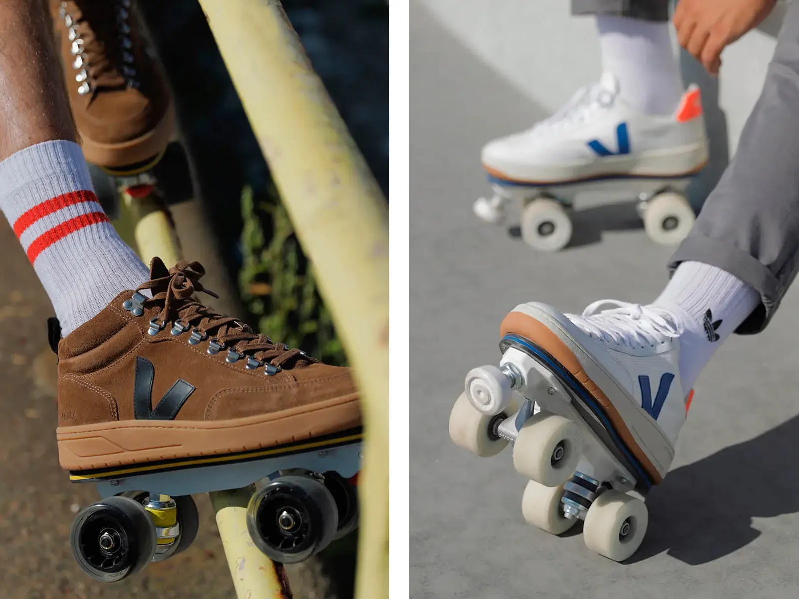 collage of pictures of veja sneakers transformed by flaneurz