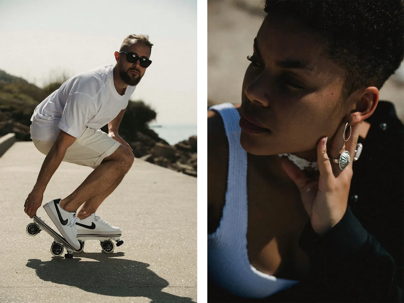 collage of 2 images, a man using his skating sneakers and a woman
