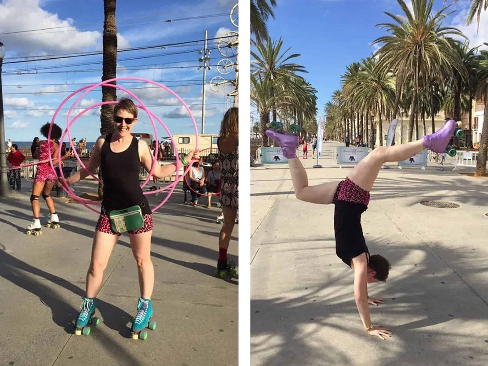 a girl rolling skate in spain with her purple skates