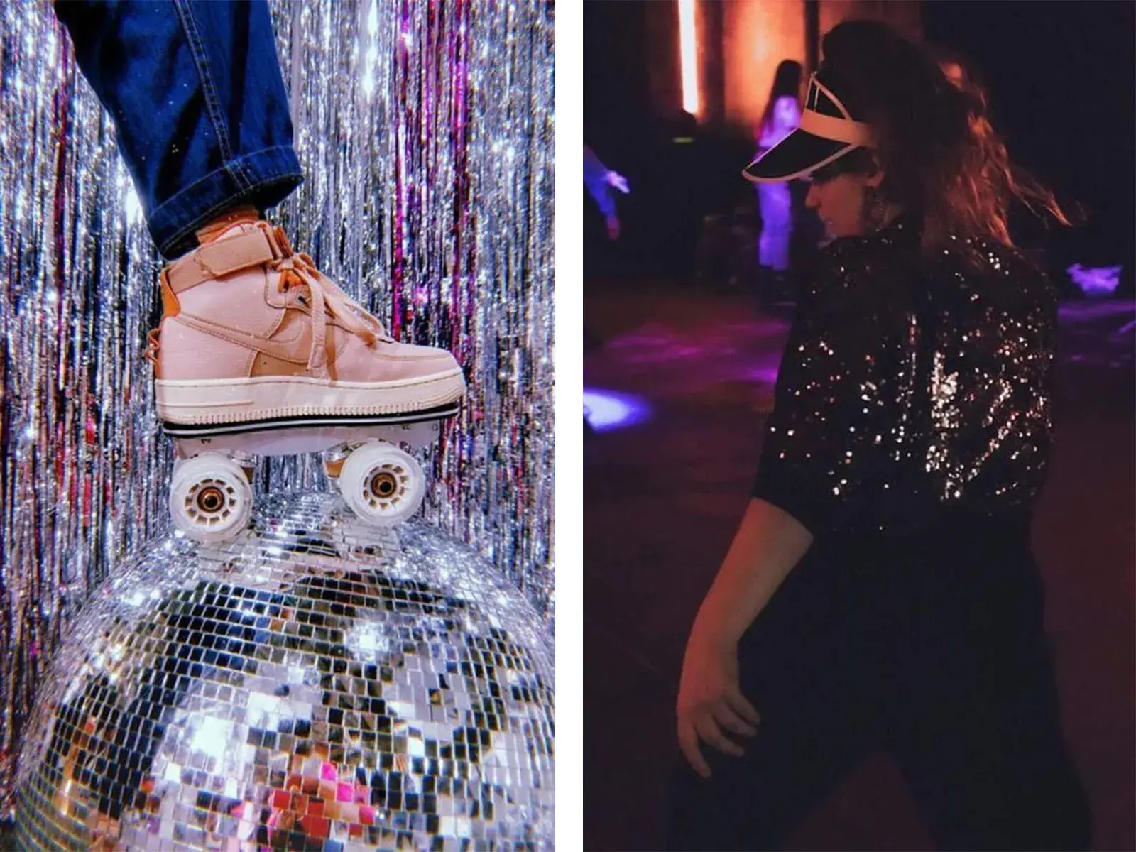 a collage of 2 pictures of a girl in a disco and a roller skate nike transformed by flaneurz