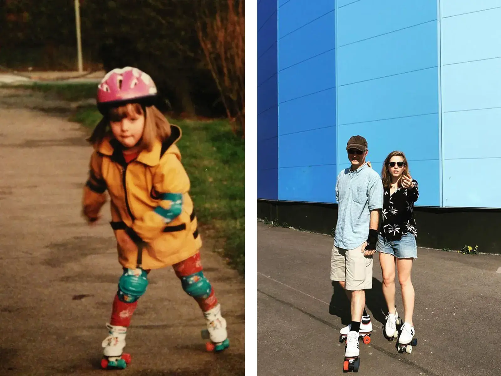 collage of two pictures of a little girl skating 