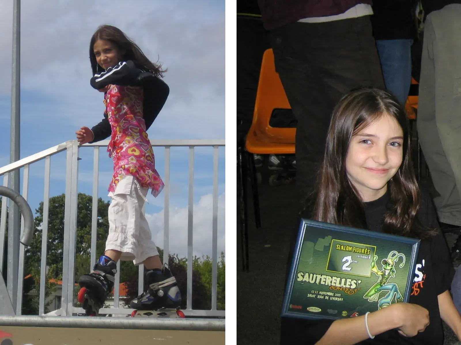 a collage of 2 pictures of a girl that loves roller skates f