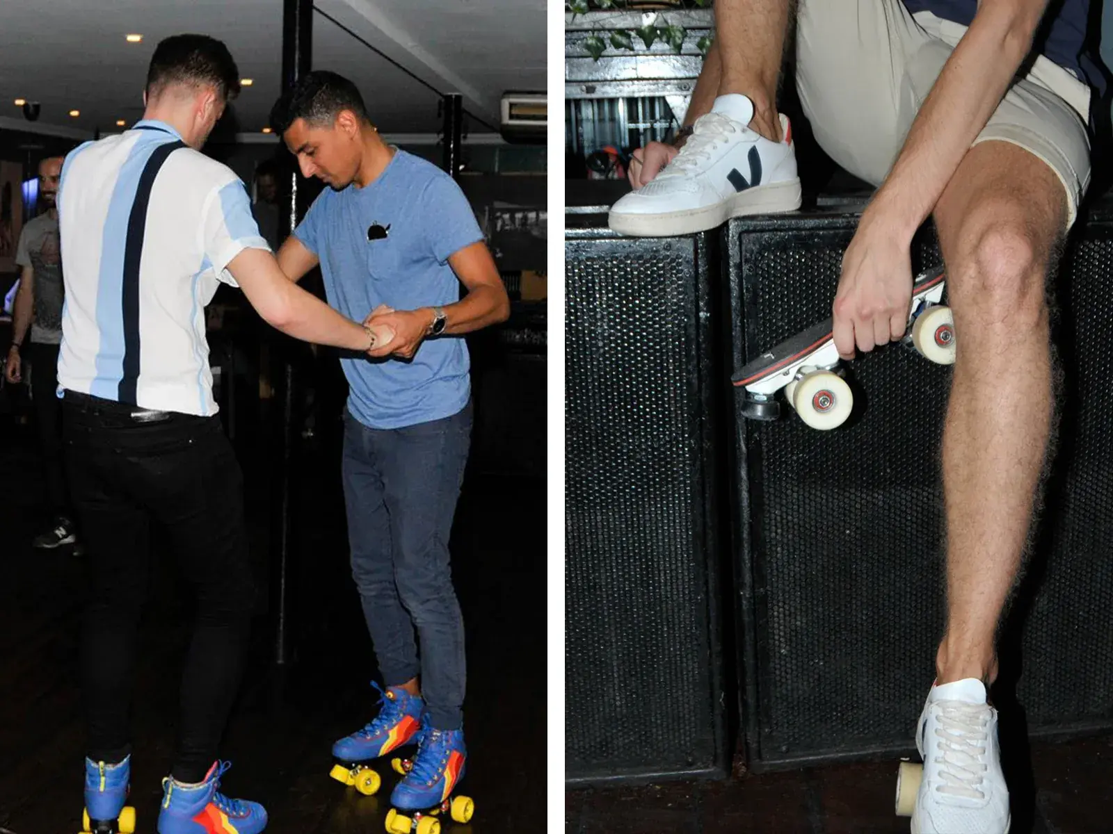 collage of 2 pictures of veja snzakers transformed into roller skates