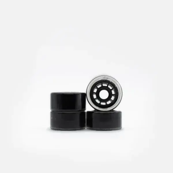 4 black wheels of the roller skate