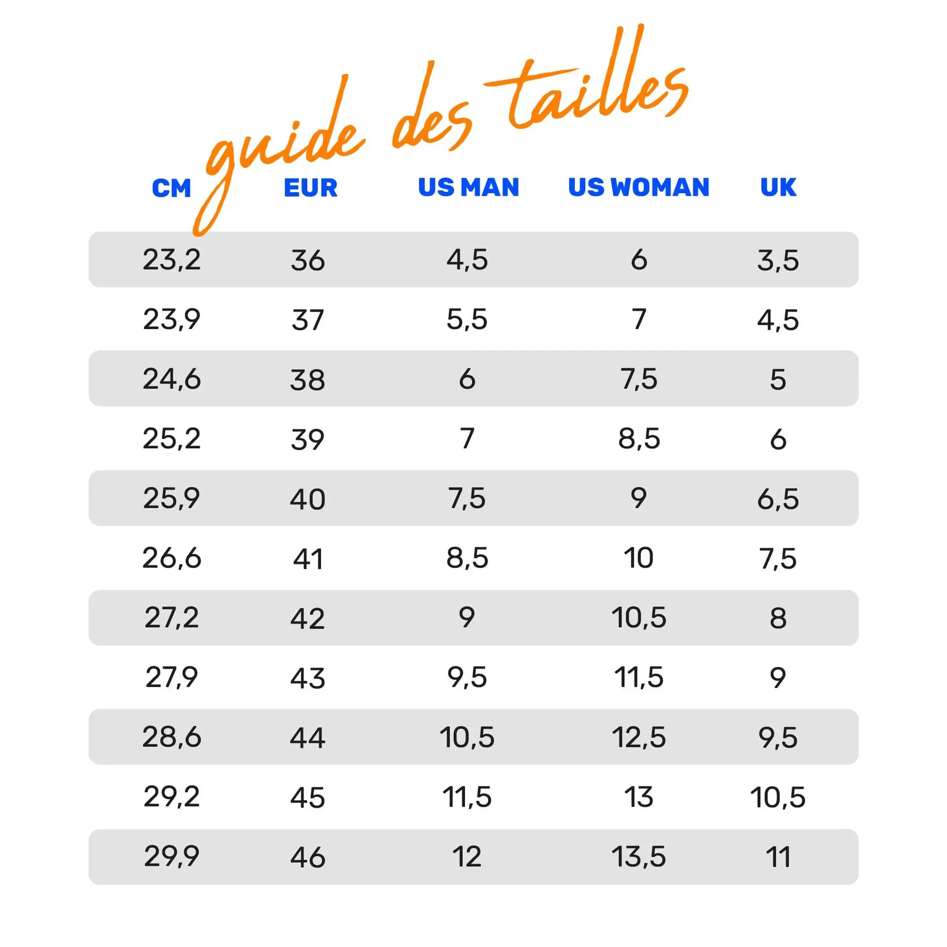 guide taille chaussures slades