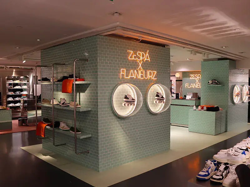 A stylish retail display featuring the Zespà x Flaneurz collaboration.