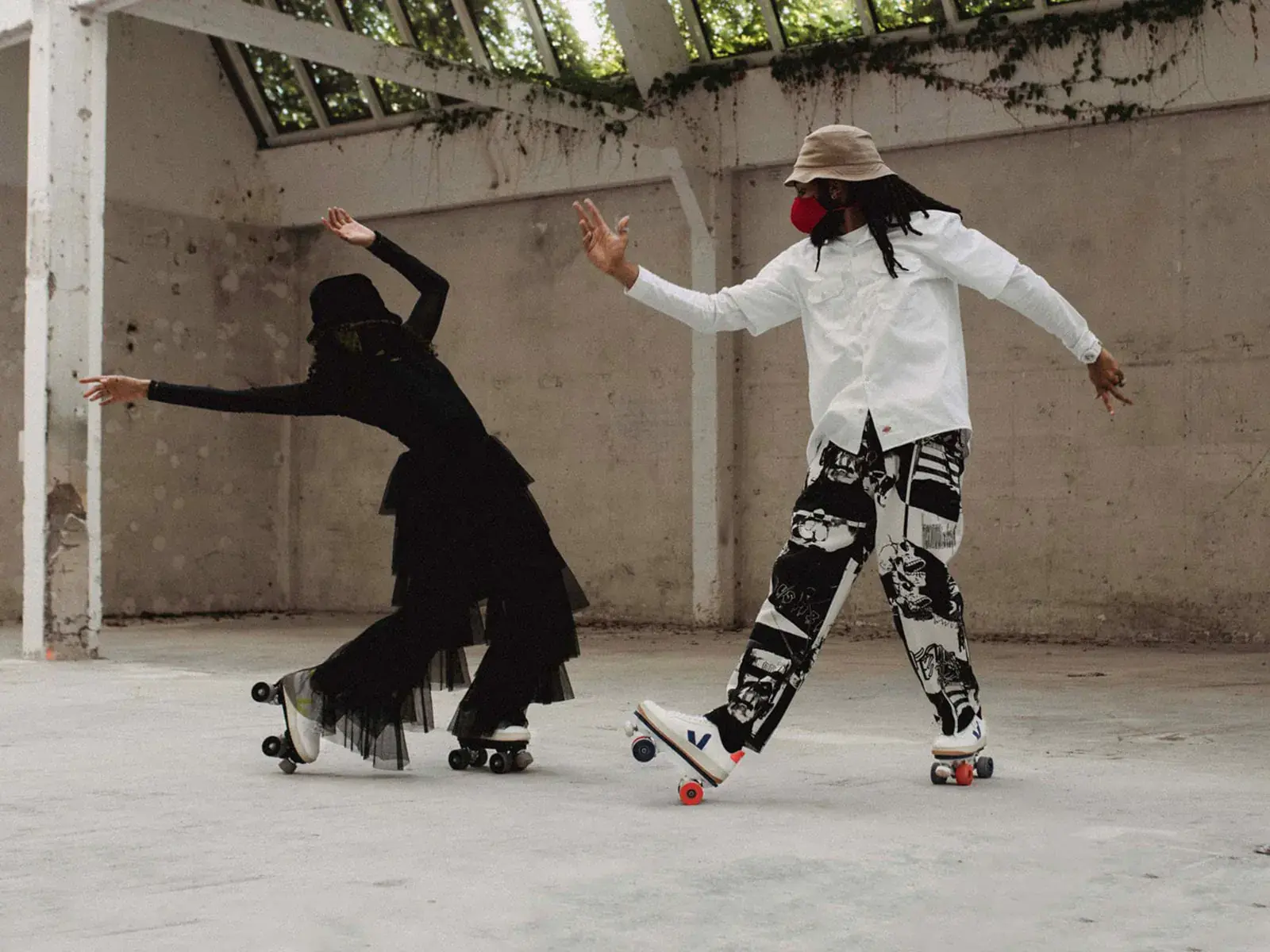 a man and a woman skating together with a veja transformed by flaneurz